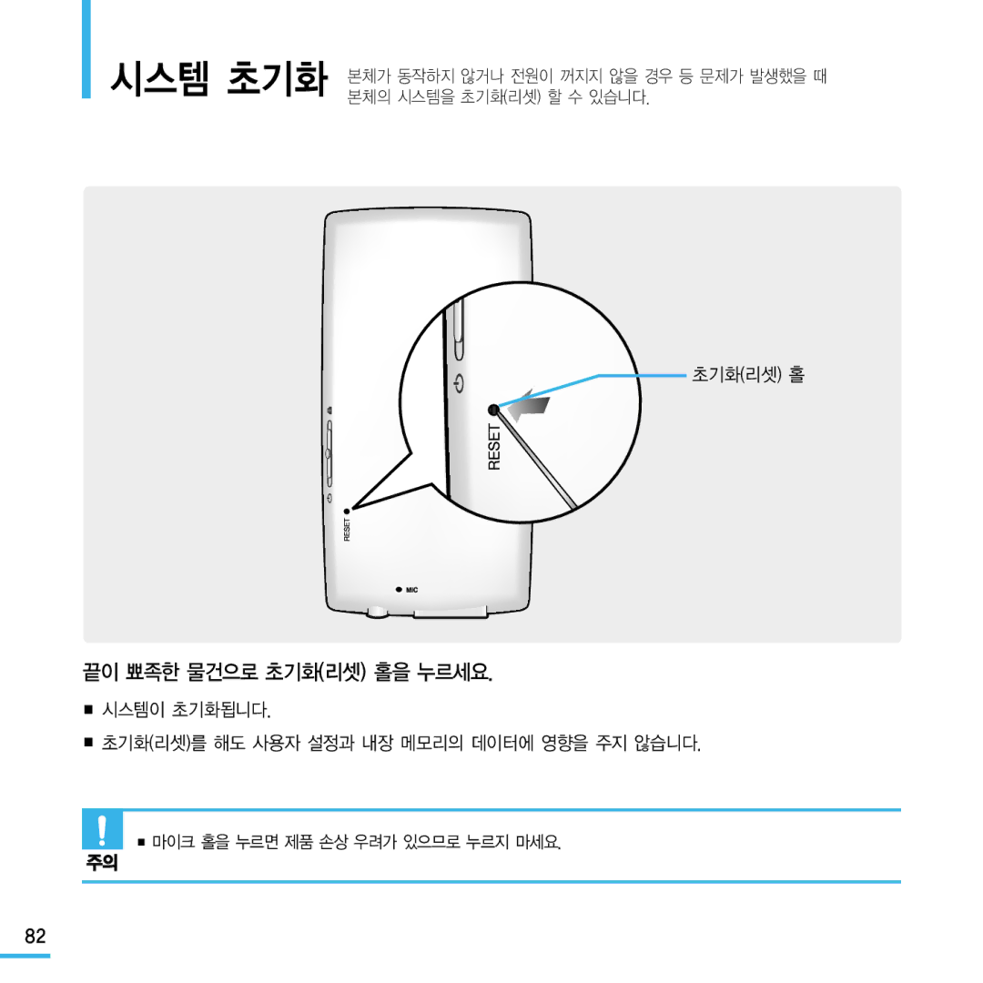 Samsung YP-Q1 manual 끝이 뾰족한 물건으로 초기화리셋 홀을 누르세요, 시스템이 초기화됩니다 초기화리셋를 해도 사용자 설정과 내장 메모리의 데이터에 영향을 주지 않습니다 