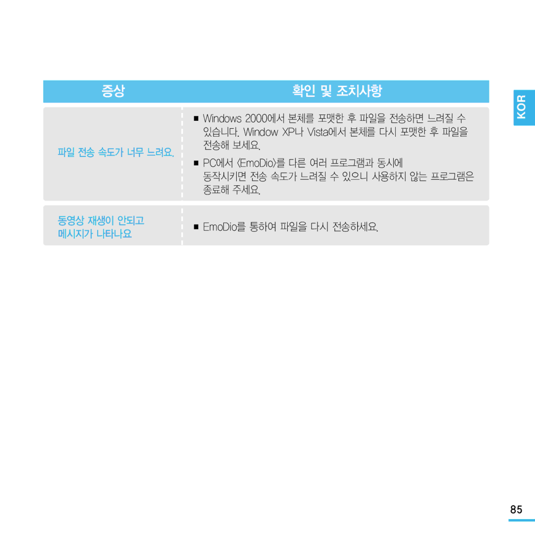 Samsung YP-Q1 manual 전송해 보세요, PC에서 EmoDio를 다른 여러 프로그램과 동시에, 종료해 주세요, EmoDio를 통하여 파일을 다시 전송하세요 