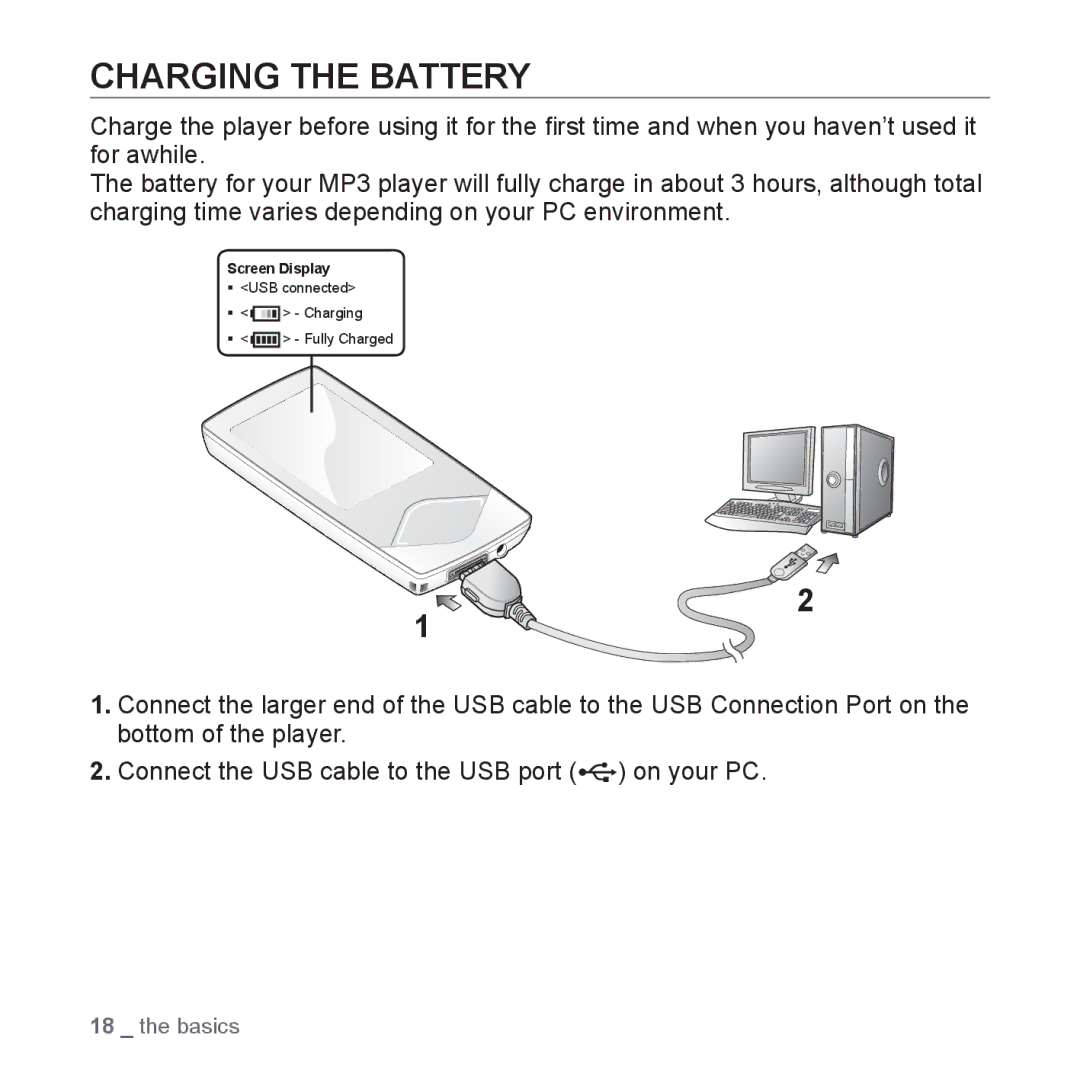 Samsung YP-Q1CS/XSV, YP-Q1CB/XSV, YP-Q1AW/XSV, YP-Q1AB/XSV, YP-Q1AS/XSV manual Charging the Battery 