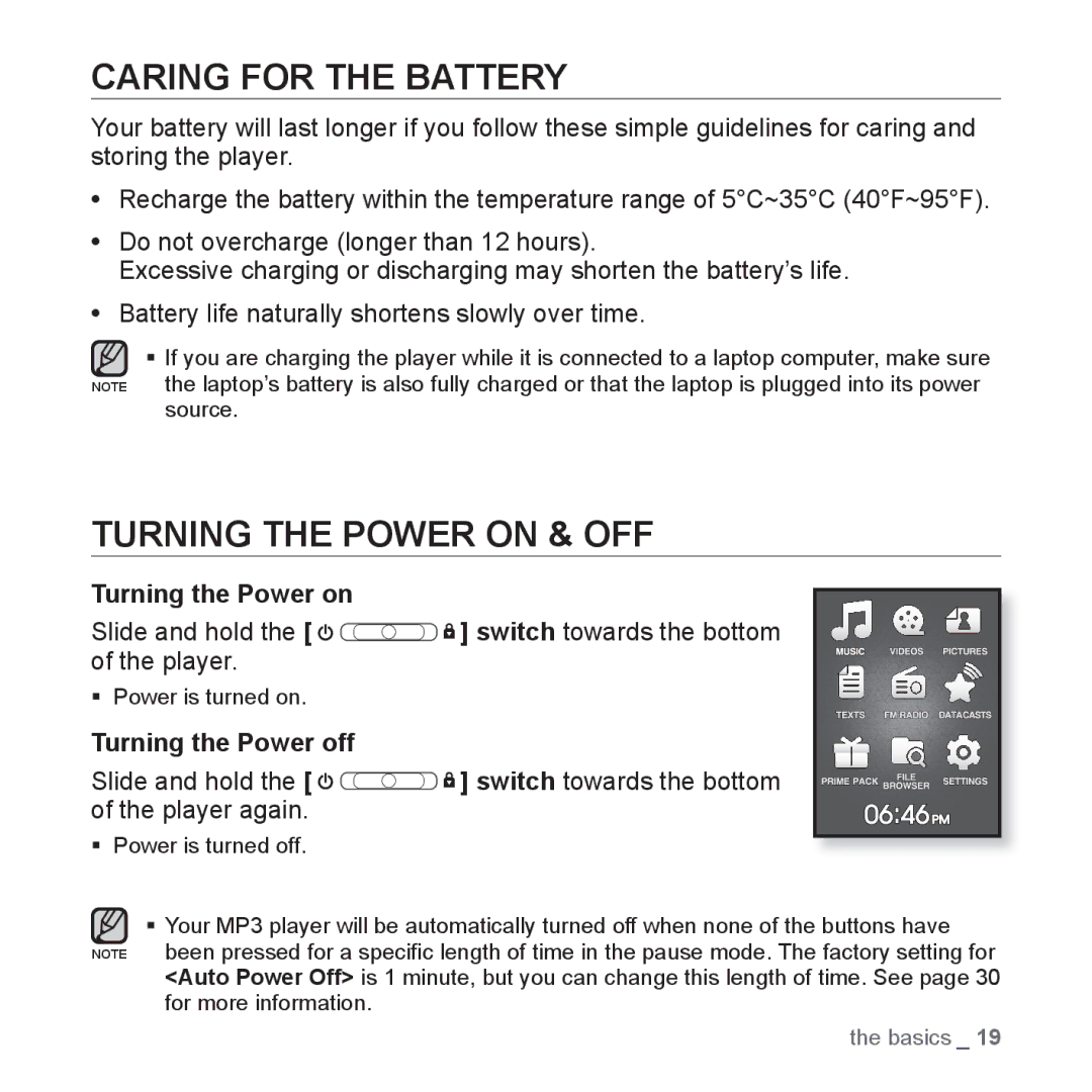 Samsung YP-Q1AS/XSV, YP-Q1CB/XSV, YP-Q1AW/XSV Caring for the Battery, Turning the Power on & OFF, Turning the Power off 