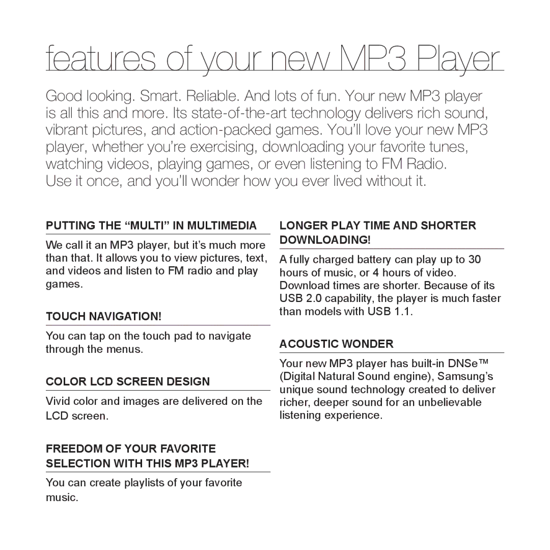 Samsung YP-Q1AB/XSV, YP-Q1CB/XSV, YP-Q1AW/XSV, YP-Q1CS/XSV, YP-Q1AS/XSV manual Features of your new MP3 Player 