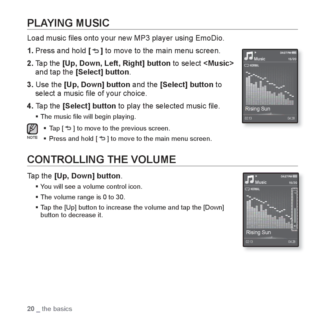 Samsung YP-Q1CB/XSV manual Playing Music, Controlling the Volume, Tap the Select button to play the selected music ﬁle 