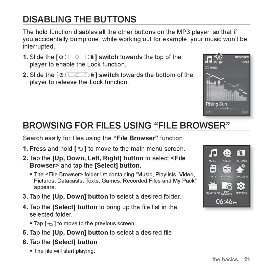 Samsung YP-Q1AW/XSV, YP-Q1CB/XSV manual Disabling the Buttons, Browsing for Files Using File Browser, Tap the Select button 