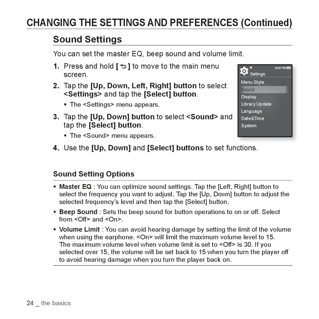 Samsung YP-Q1AS/XSV, YP-Q1CB/XSV, YP-Q1AW/XSV, YP-Q1AB/XSV, YP-Q1CS/XSV manual Sound Settings, Sound Setting Options 