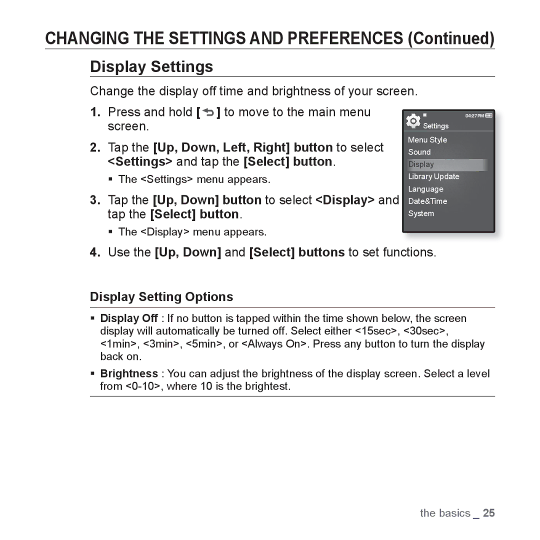 Samsung YP-Q1CB/XSV, YP-Q1AW/XSV, YP-Q1AB/XSV, YP-Q1CS/XSV, YP-Q1AS/XSV manual Display Settings, Display Setting Options 