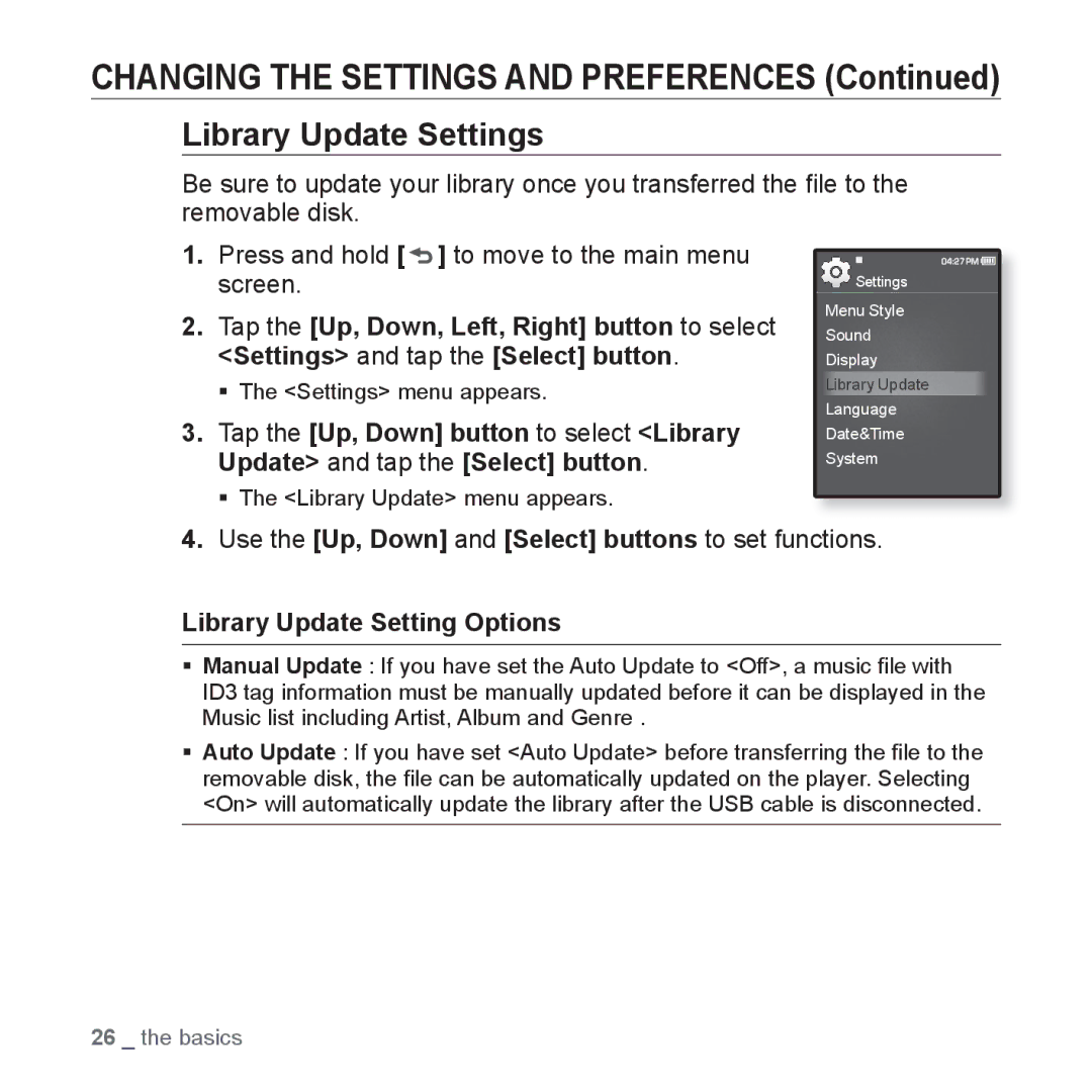 Samsung YP-Q1AW/XSV, YP-Q1CB/XSV, YP-Q1AB/XSV, YP-Q1CS/XSV manual Library Update Settings, Library Update Setting Options 