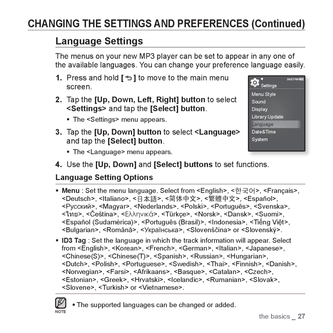 Samsung YP-Q1AB/XSV, YP-Q1CB/XSV, YP-Q1AW/XSV, YP-Q1CS/XSV, YP-Q1AS/XSV manual Language Settings, Language Setting Options 