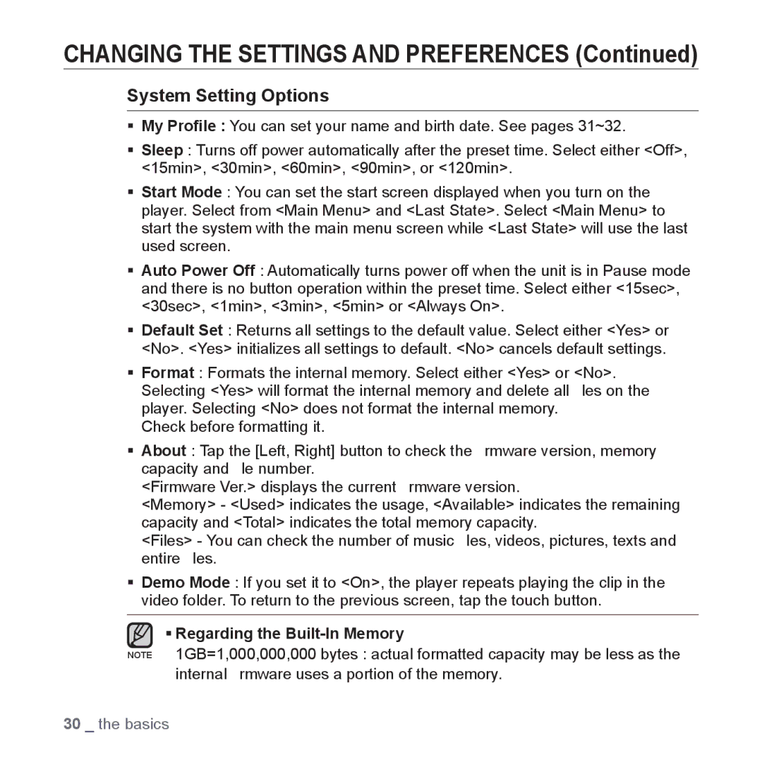 Samsung YP-Q1CB/XSV, YP-Q1AW/XSV, YP-Q1AB/XSV, YP-Q1CS/XSV, YP-Q1AS/XSV manual System Setting Options 