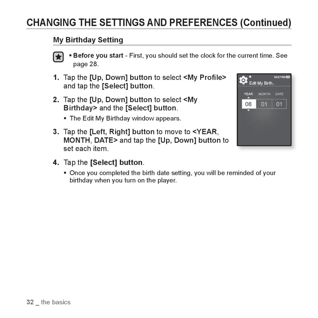 Samsung YP-Q1AB/XSV, YP-Q1CB/XSV, YP-Q1AW/XSV, YP-Q1CS/XSV, YP-Q1AS/XSV manual My Birthday Setting 