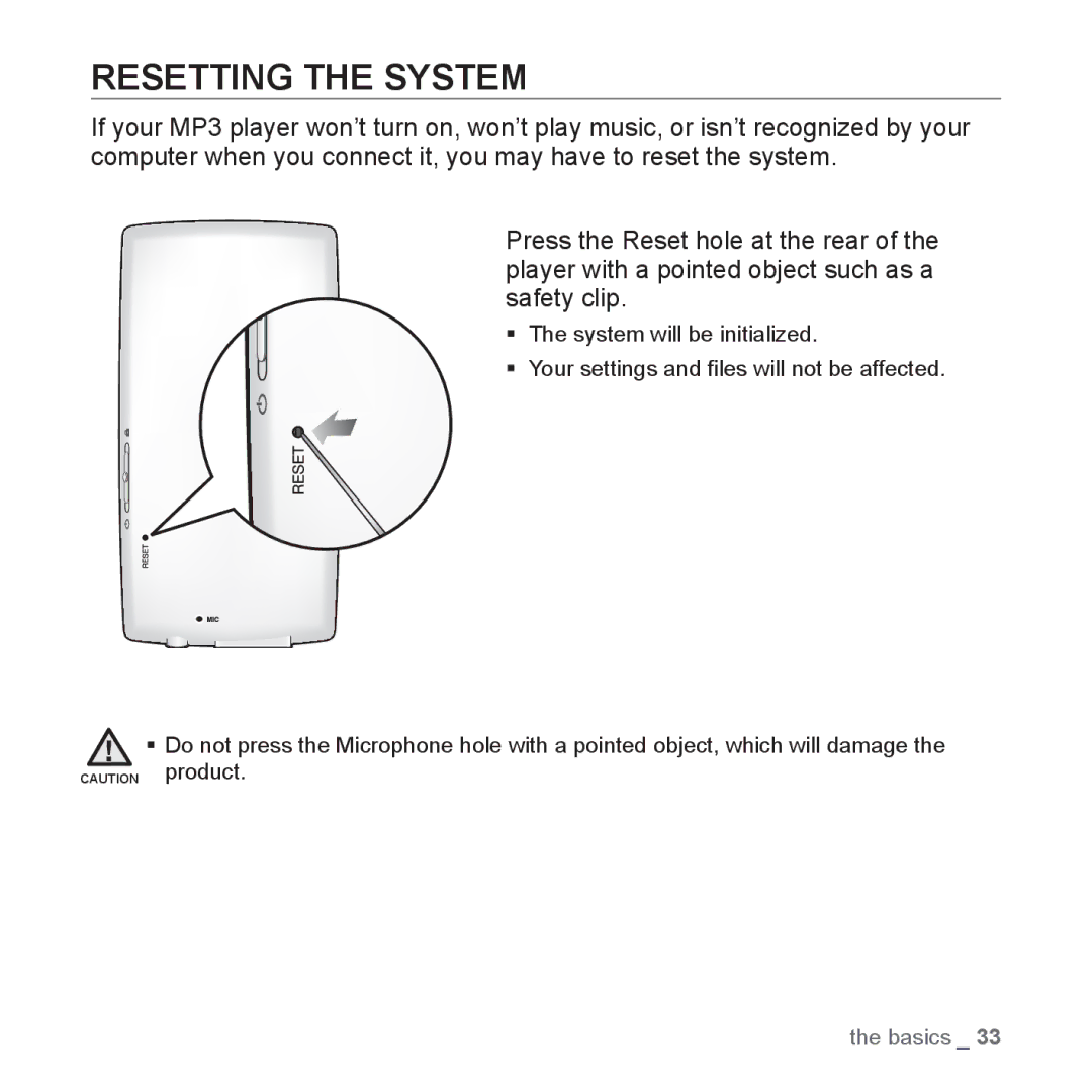 Samsung YP-Q1CS/XSV, YP-Q1CB/XSV, YP-Q1AW/XSV, YP-Q1AB/XSV, YP-Q1AS/XSV manual Resetting the System 