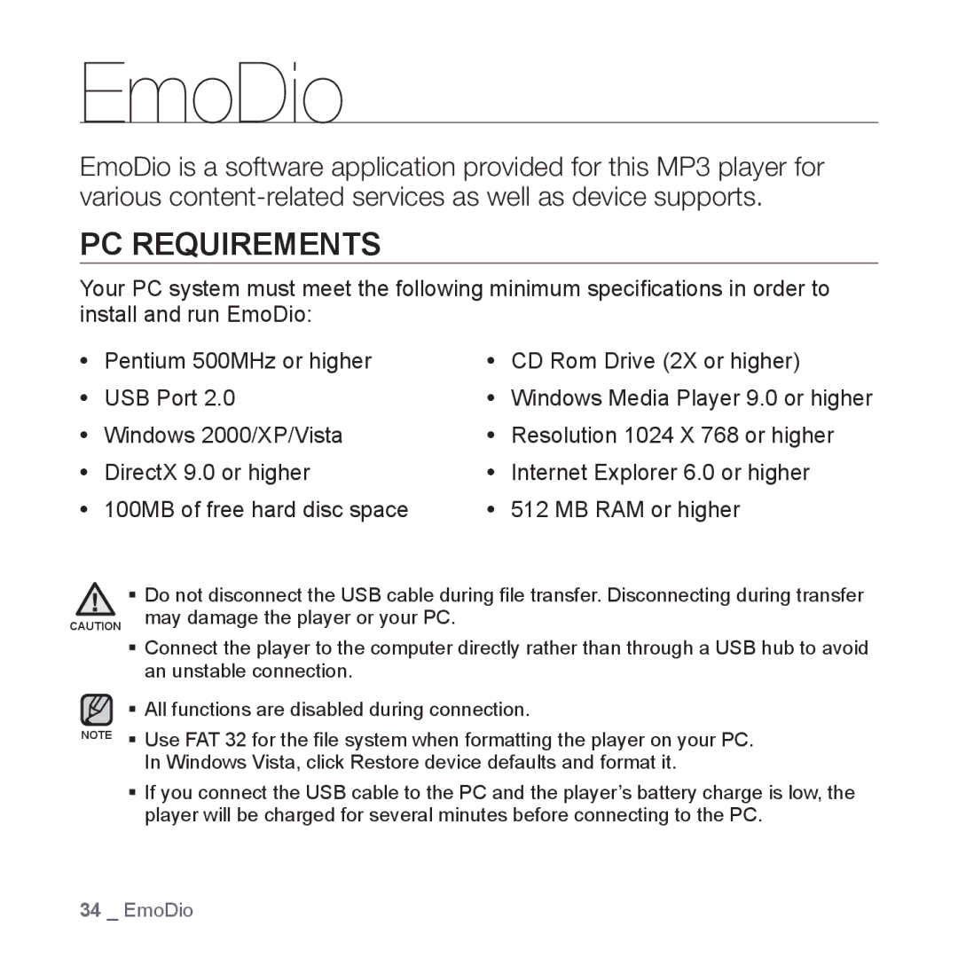 Samsung YP-Q1AS/XSV, YP-Q1CB/XSV, YP-Q1AW/XSV, YP-Q1AB/XSV, YP-Q1CS/XSV manual EmoDio, PC Requirements 