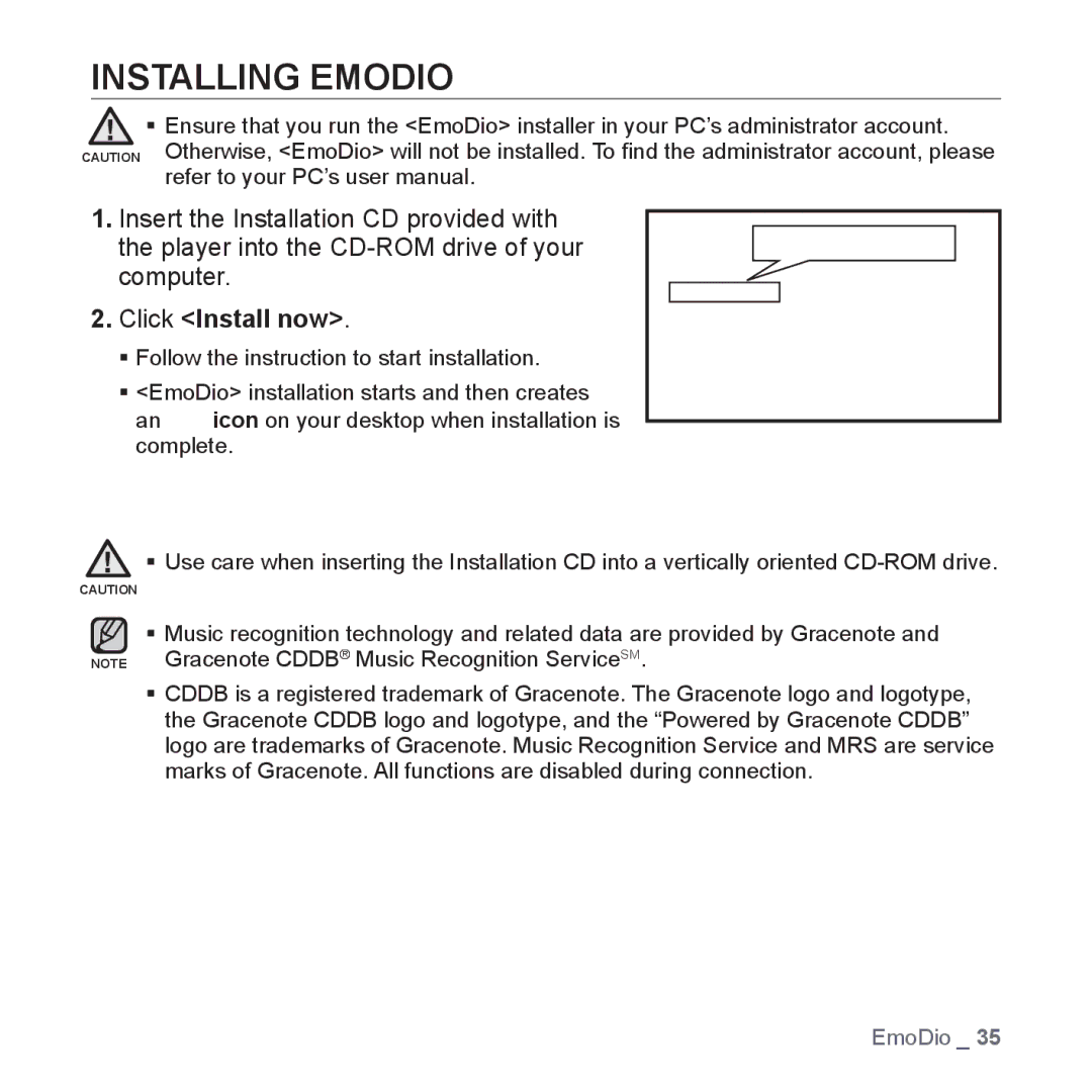 Samsung YP-Q1CB/XSV, YP-Q1AW/XSV, YP-Q1AB/XSV, YP-Q1CS/XSV, YP-Q1AS/XSV manual Installing Emodio, Click Install now 