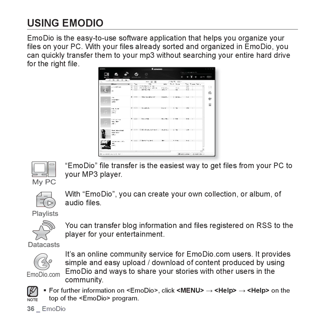 Samsung YP-Q1AW/XSV, YP-Q1CB/XSV, YP-Q1AB/XSV, YP-Q1CS/XSV, YP-Q1AS/XSV manual Using Emodio 