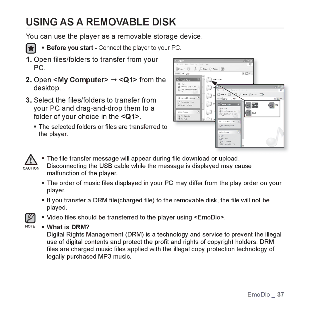 Samsung YP-Q1AB/XSV, YP-Q1CB/XSV manual Using AS a Removable Disk, You can use the player as a removable storage device 