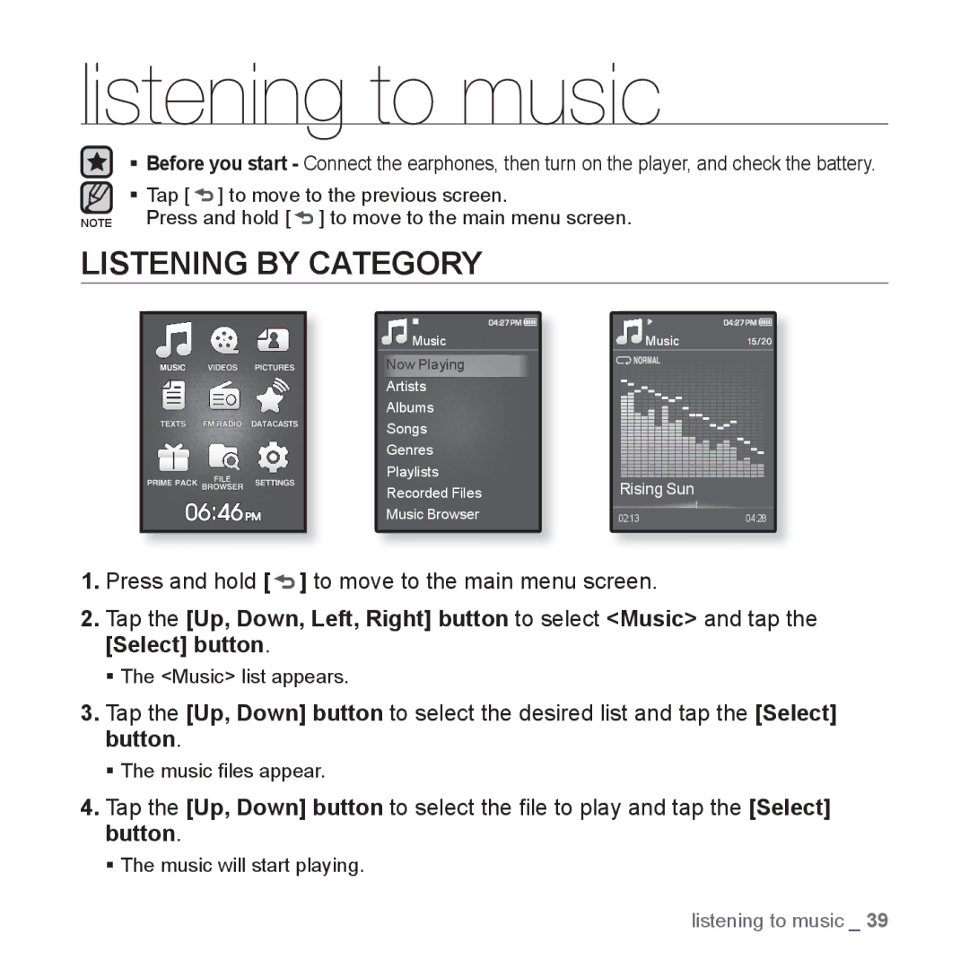 Samsung YP-Q1AS/XSV, YP-Q1CB/XSV, YP-Q1AW/XSV, YP-Q1AB/XSV, YP-Q1CS/XSV manual Listening to music, Listening by Category 