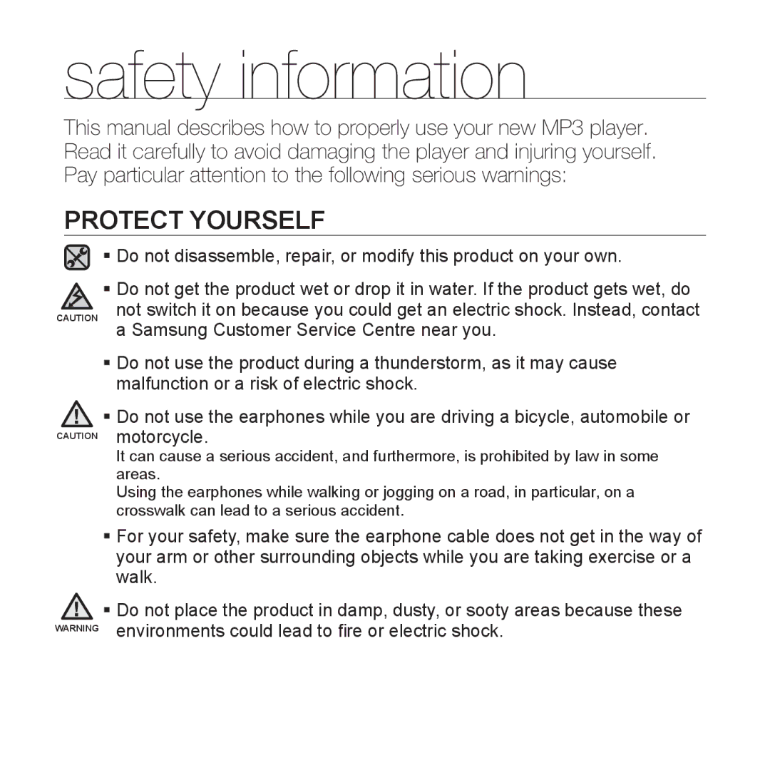 Samsung YP-Q1AS/XSV, YP-Q1CB/XSV, YP-Q1AW/XSV, YP-Q1AB/XSV, YP-Q1CS/XSV manual Protect Yourself 