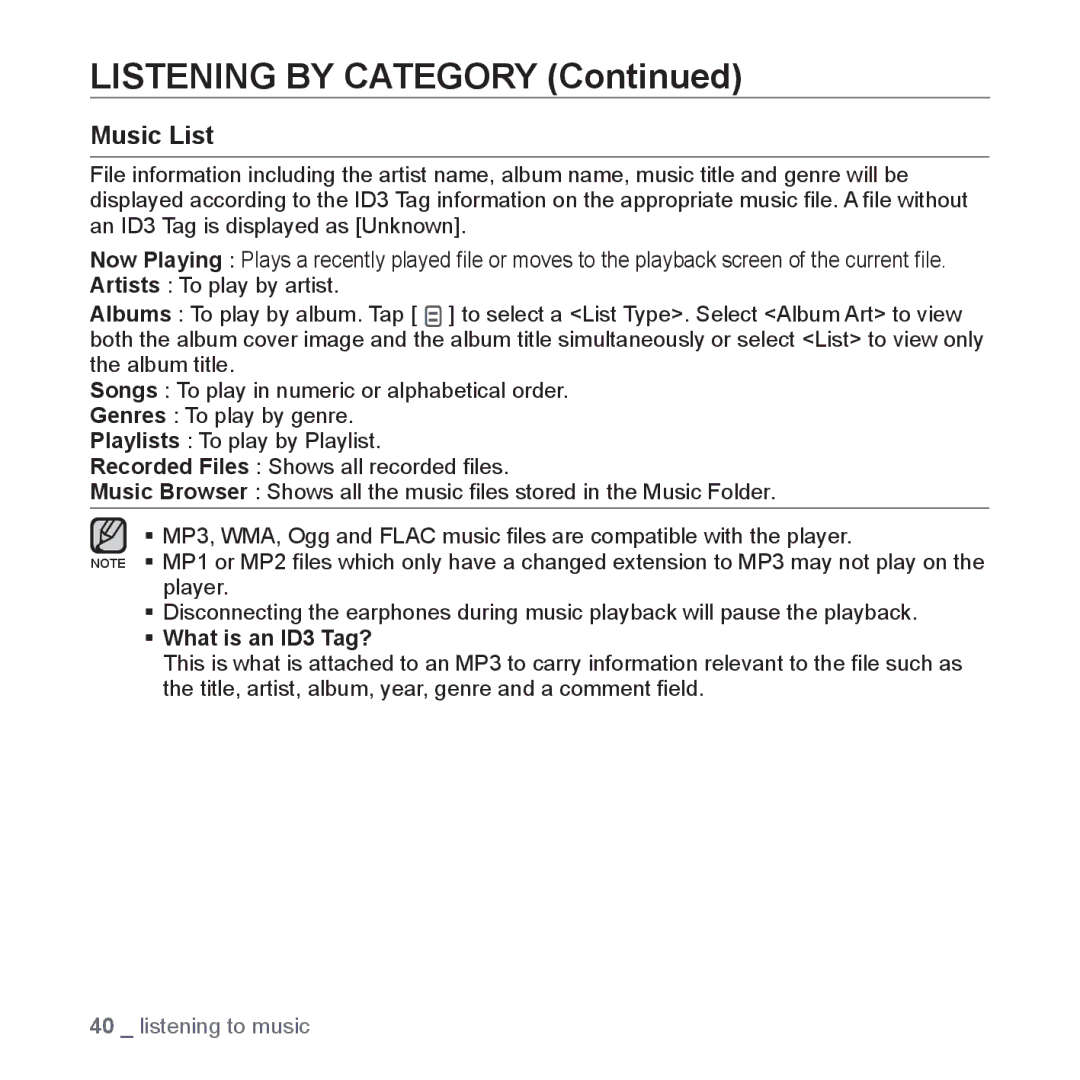 Samsung YP-Q1CB/XSV, YP-Q1AW/XSV, YP-Q1AB/XSV, YP-Q1CS/XSV, YP-Q1AS/XSV manual Listening by Category, Music List 