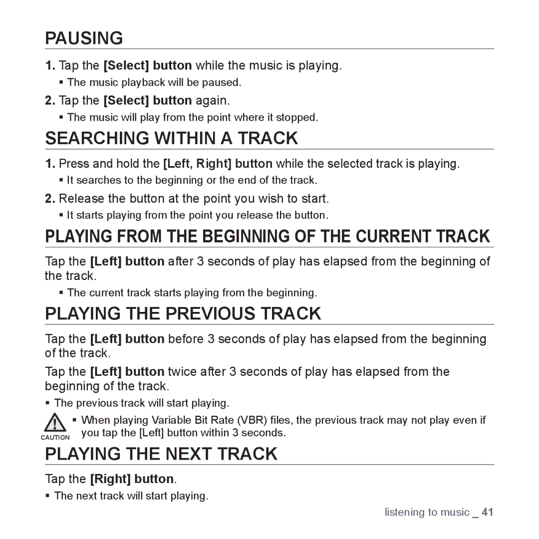 Samsung YP-Q1AW/XSV, YP-Q1CB/XSV Pausing, Searching Within a Track, Playing the Previous Track, Playing the Next Track 