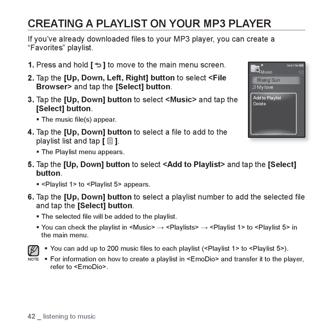 Samsung YP-Q1AB/XSV, YP-Q1CB/XSV, YP-Q1AW/XSV, YP-Q1CS/XSV, YP-Q1AS/XSV manual Creating a Playlist on Your MP3 Player 