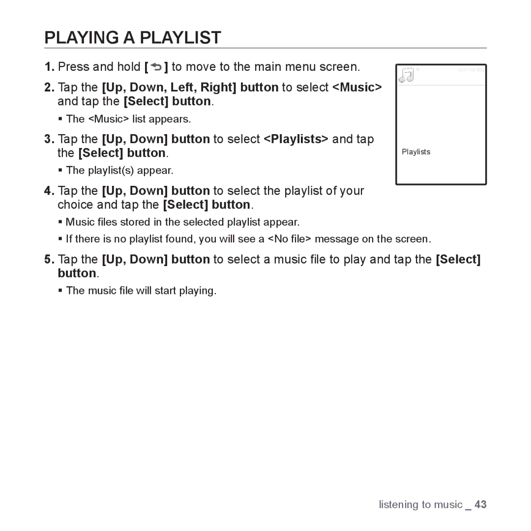 Samsung YP-Q1CS/XSV, YP-Q1CB/XSV, YP-Q1AW/XSV, YP-Q1AB/XSV, YP-Q1AS/XSV manual Playing a Playlist 