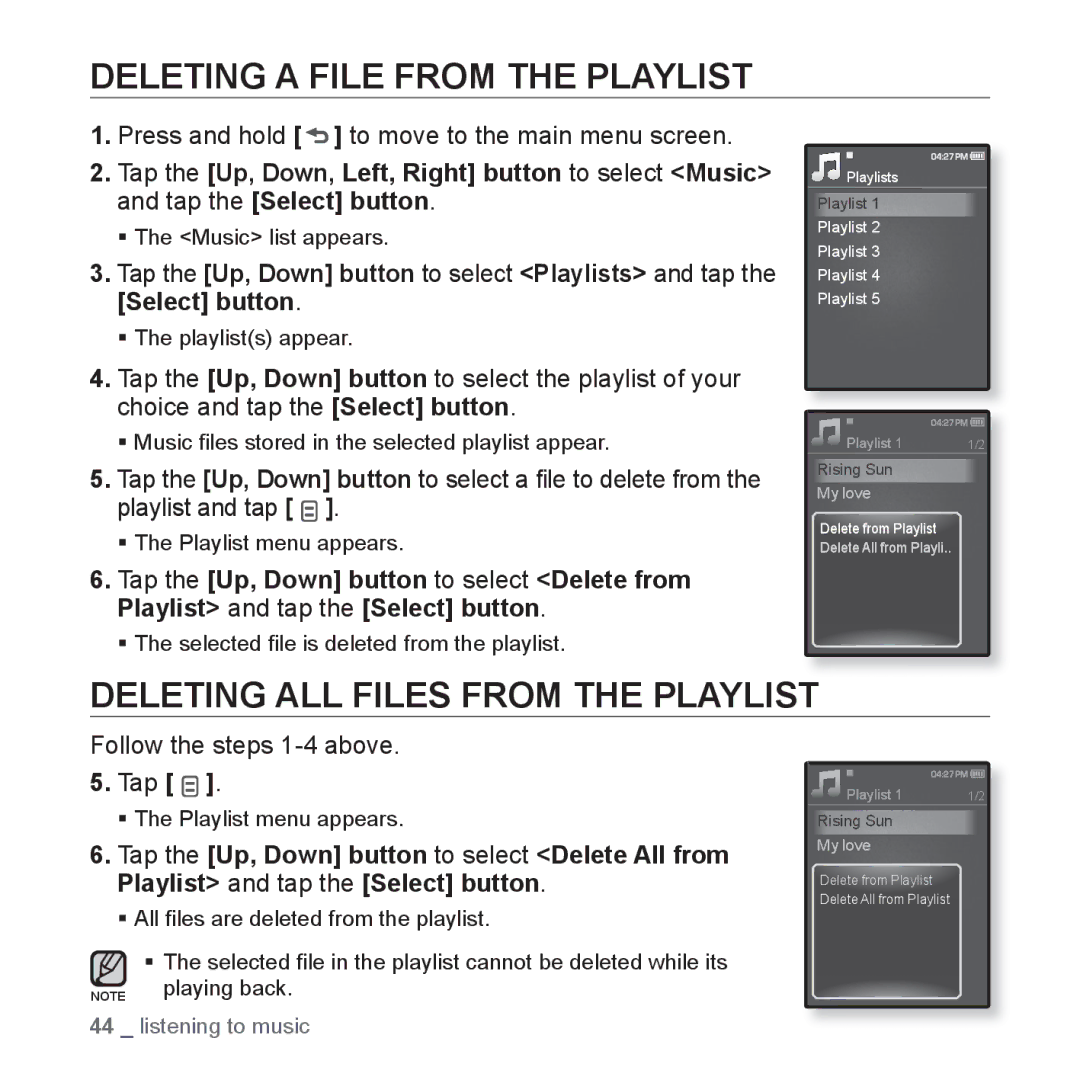 Samsung YP-Q1AS/XSV, YP-Q1CB/XSV, YP-Q1AW/XSV manual Deleting a File from the Playlist, Deleting ALL Files from the Playlist 