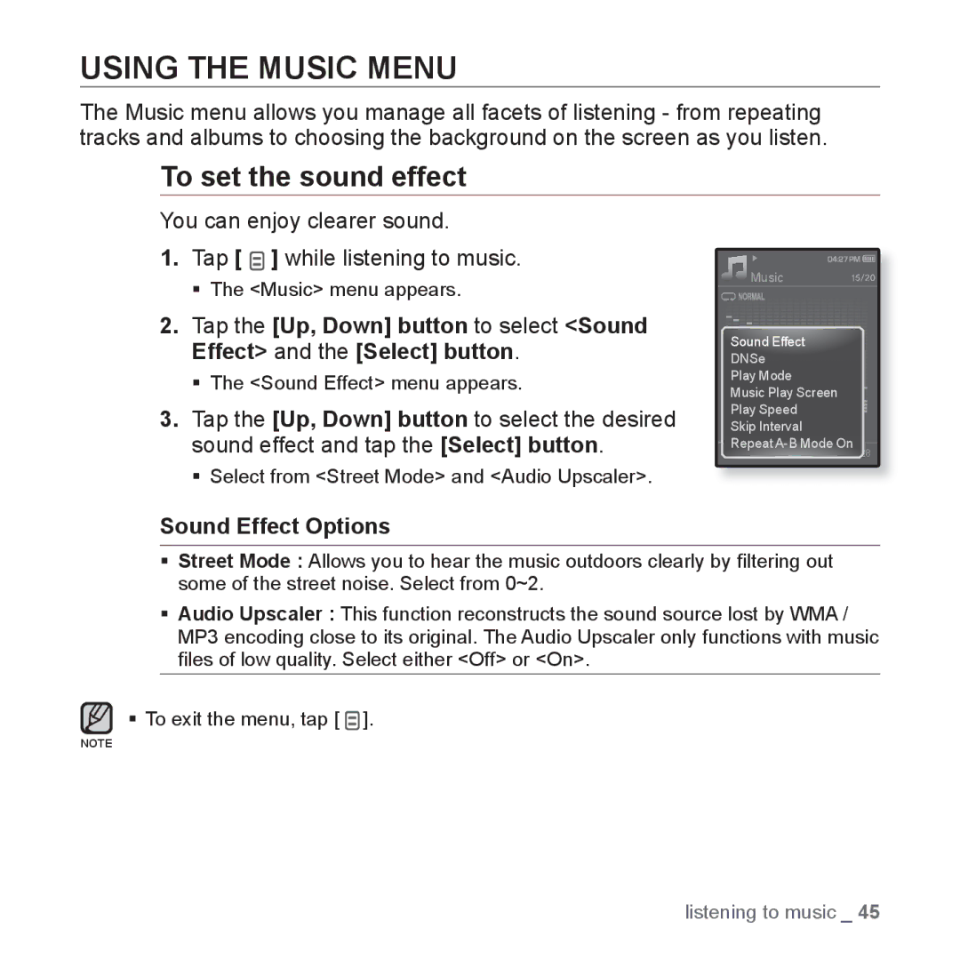 Samsung YP-Q1CB/XSV, YP-Q1AW/XSV, YP-Q1AB/XSV manual Using the Music Menu, To set the sound effect, Sound Effect Options 