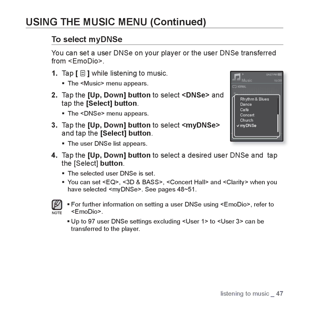 Samsung YP-Q1AB/XSV, YP-Q1CB/XSV, YP-Q1AW/XSV, YP-Q1CS/XSV, YP-Q1AS/XSV manual To select myDNSe 