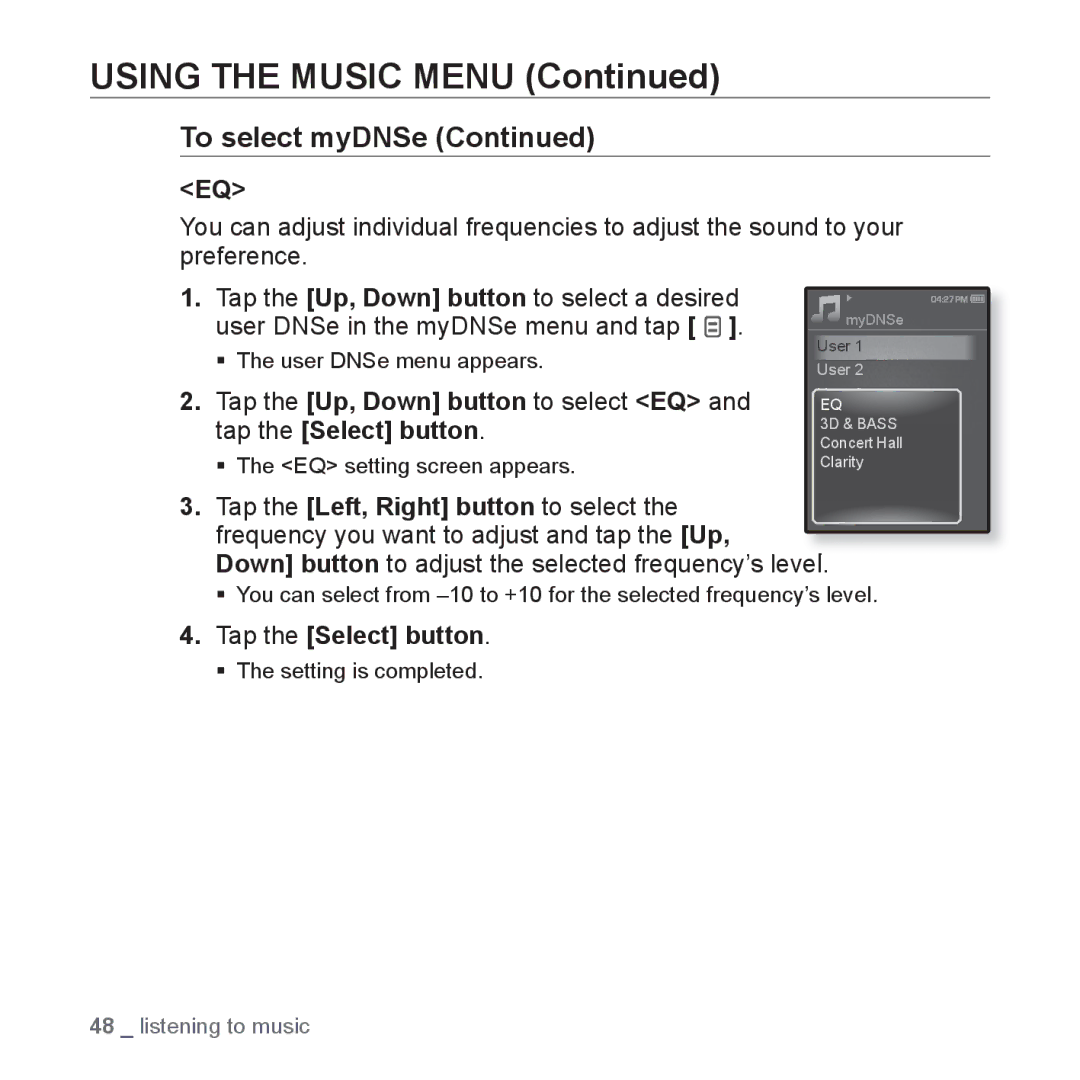 Samsung YP-Q1CS/XSV, YP-Q1CB/XSV, YP-Q1AW/XSV, YP-Q1AB/XSV, YP-Q1AS/XSV manual ƒ The user DNSe menu appears 