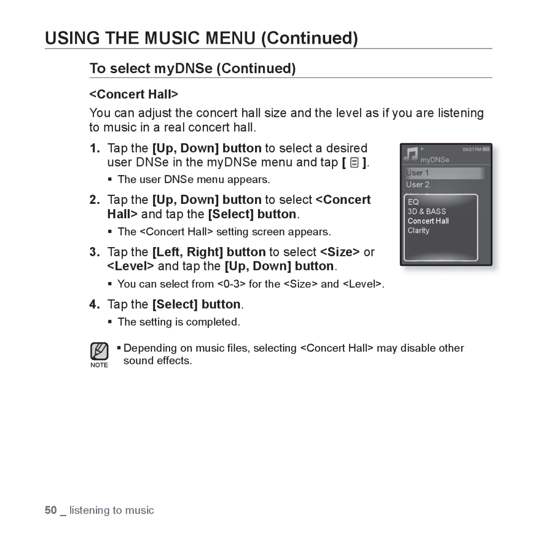 Samsung YP-Q1CB/XSV, YP-Q1AW/XSV, YP-Q1AB/XSV, YP-Q1CS/XSV, YP-Q1AS/XSV manual Concert Hall 