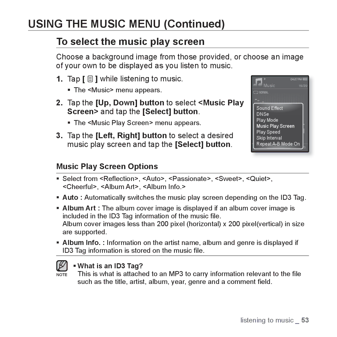 Samsung YP-Q1CS/XSV, YP-Q1CB/XSV, YP-Q1AW/XSV, YP-Q1AB/XSV manual To select the music play screen, Music Play Screen Options 