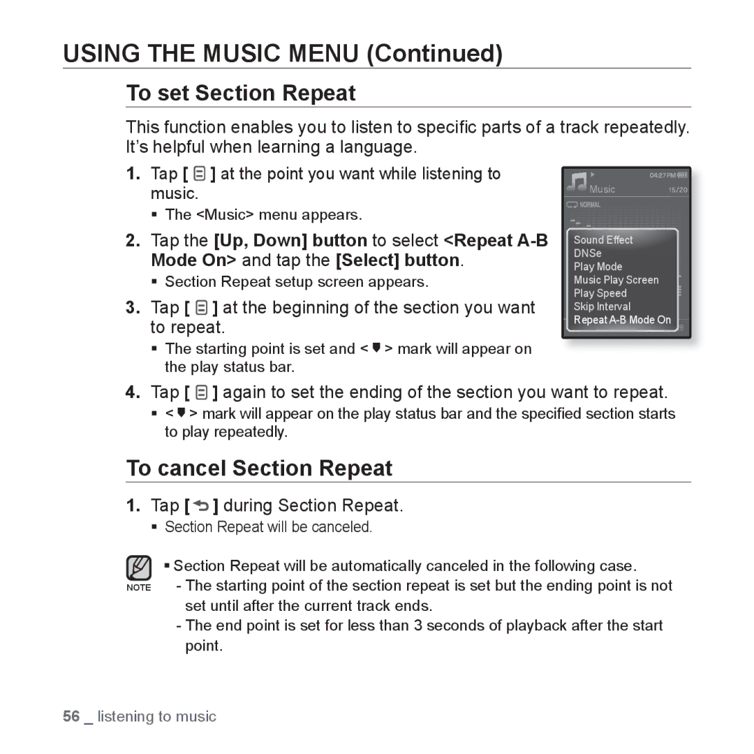 Samsung YP-Q1AW/XSV, YP-Q1CB/XSV, YP-Q1AB/XSV To set Section Repeat, To cancel Section Repeat, Tap during Section Repeat 