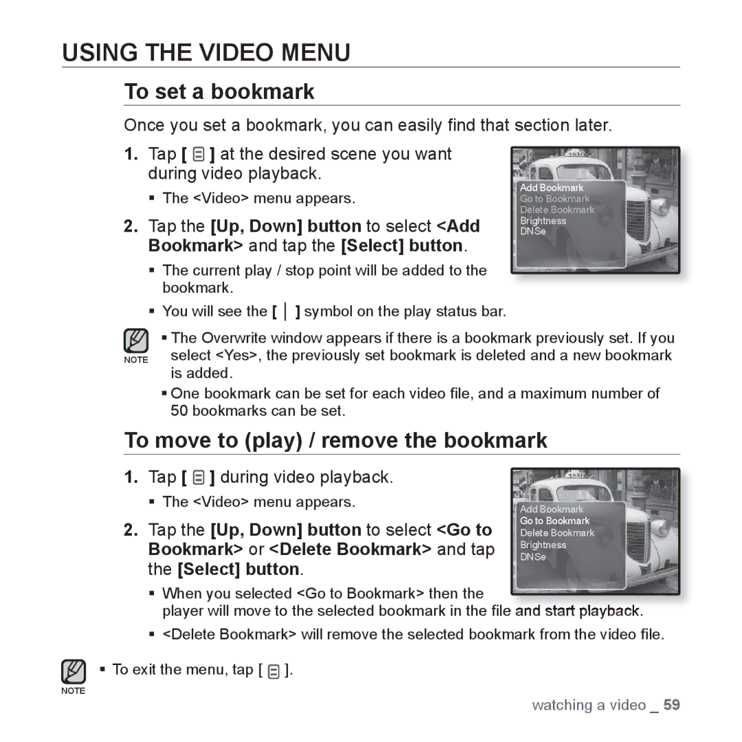 Samsung YP-Q1AS/XSV, YP-Q1CB/XSV manual Using the Video Menu, To set a bookmark, To move to play / remove the bookmark 