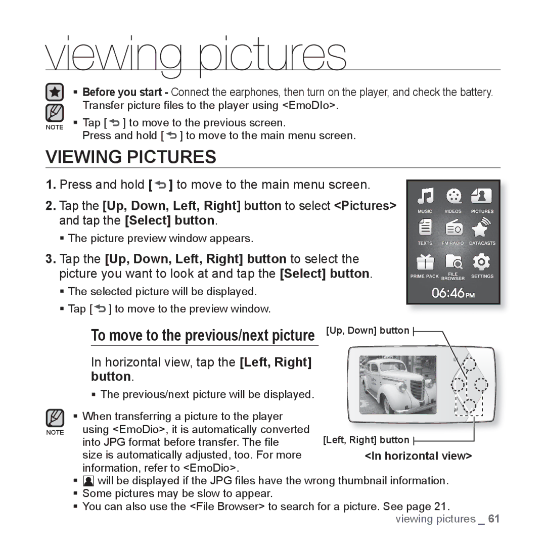 Samsung YP-Q1AW/XSV, YP-Q1CB/XSV manual Viewing pictures, Viewing Pictures, Horizontal view, tap the Left, Right button 