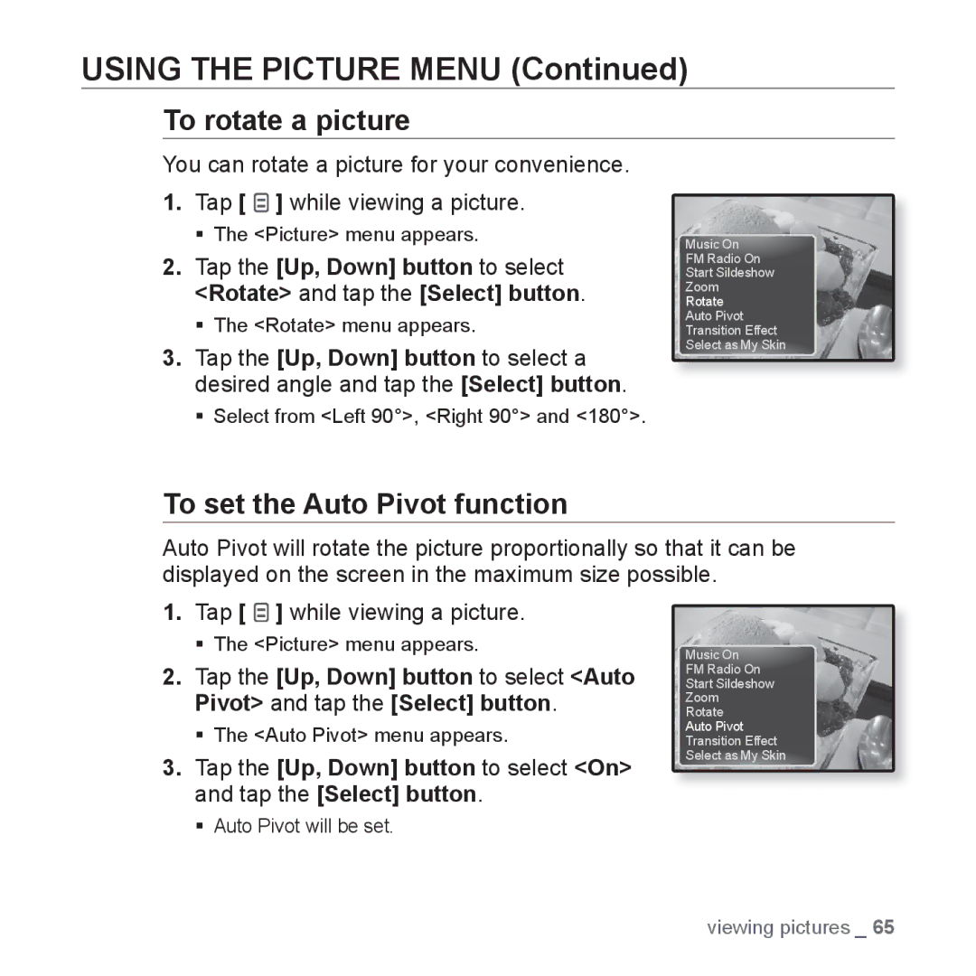 Samsung YP-Q1CB/XSV, YP-Q1AW/XSV, YP-Q1AB/XSV, YP-Q1CS/XSV, YP-Q1AS/XSV To rotate a picture, To set the Auto Pivot function 