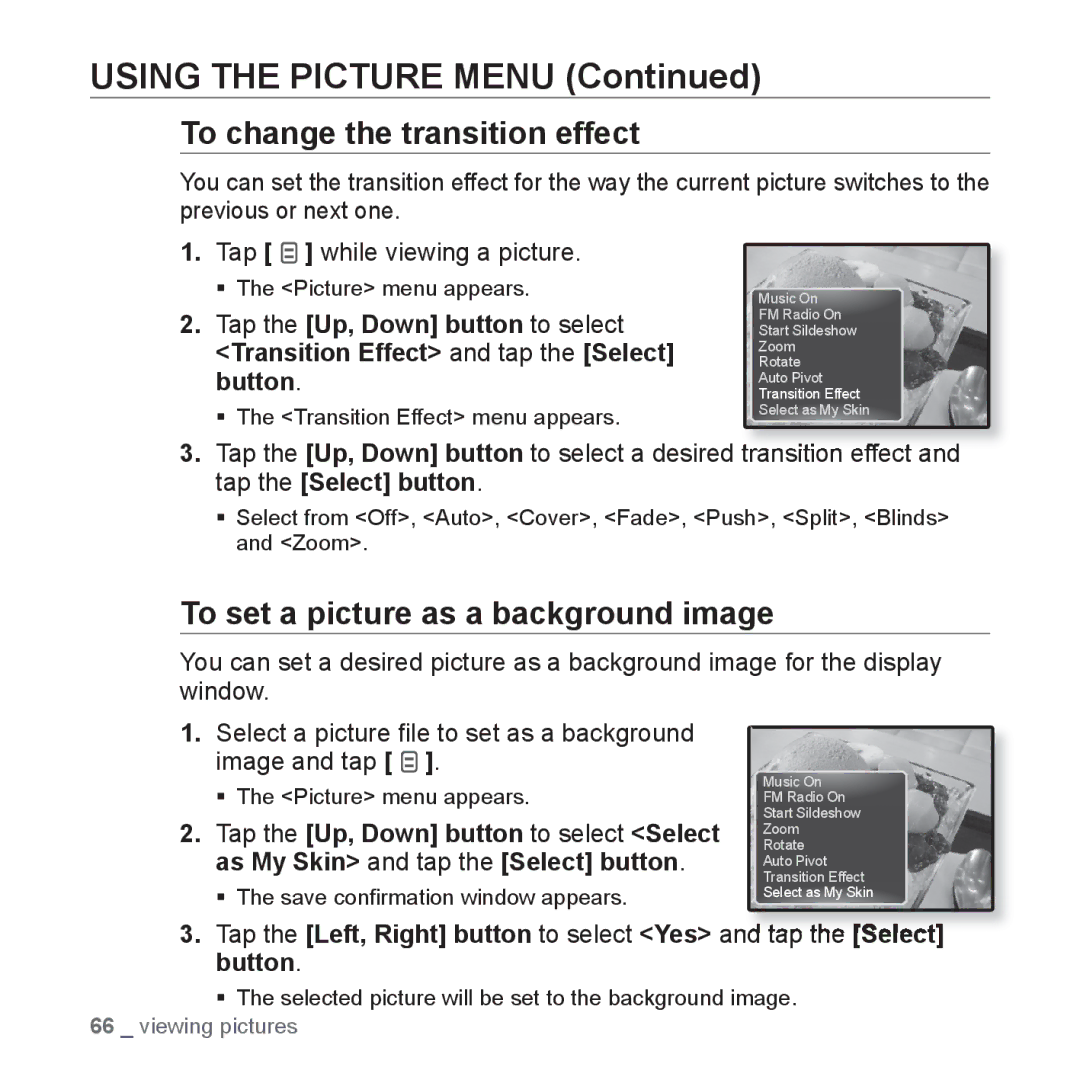 Samsung YP-Q1AW/XSV, YP-Q1CB/XSV, YP-Q1AB/XSV manual To change the transition effect, To set a picture as a background image 