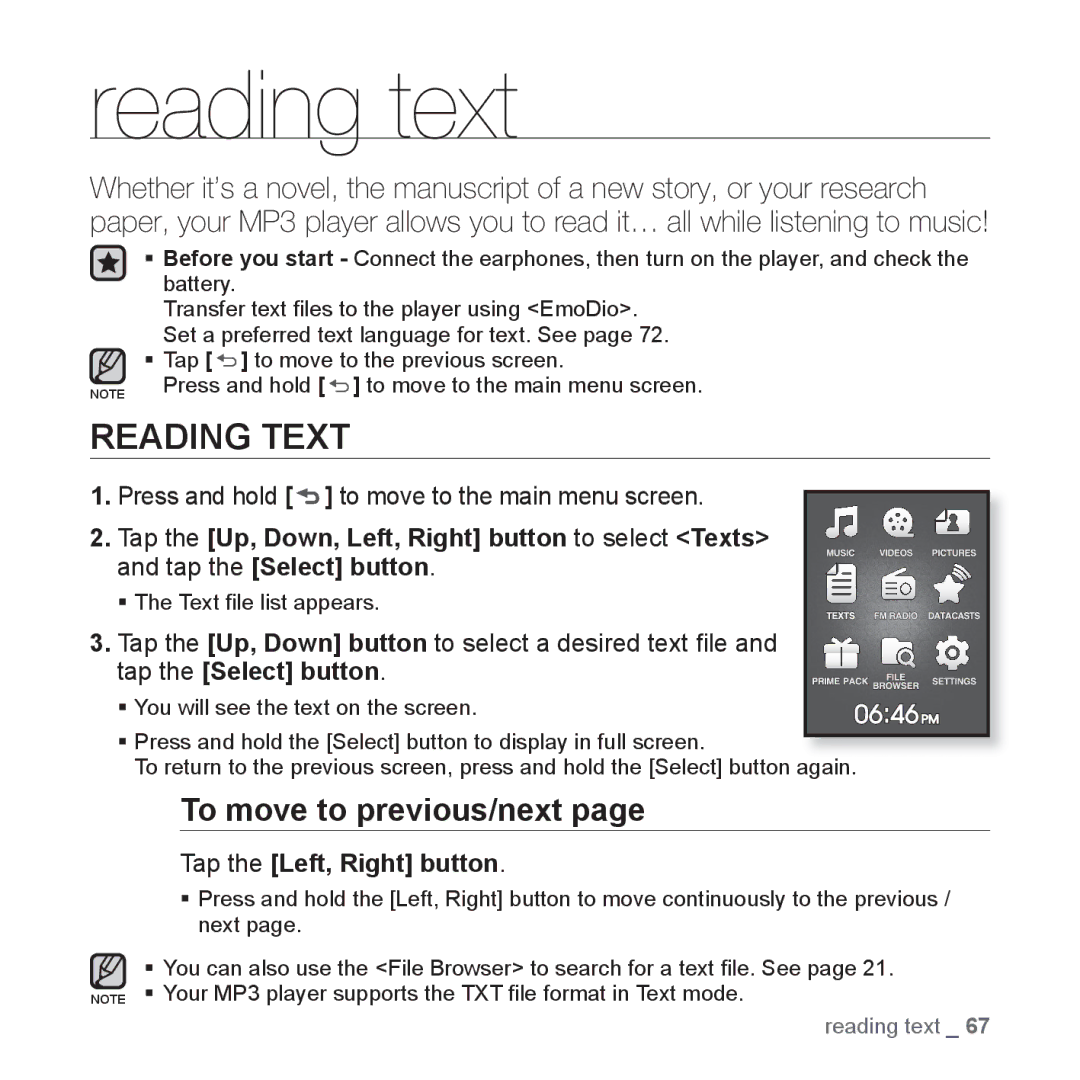 Samsung YP-Q1AB/XSV, YP-Q1CB/XSV manual Reading text, Reading Text, To move to previous/next, Tap the Left, Right button 