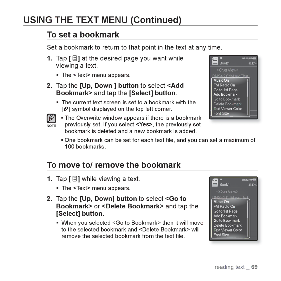 Samsung YP-Q1AS/XSV, YP-Q1CB/XSV, YP-Q1AW/XSV, YP-Q1AB/XSV, YP-Q1CS/XSV Using the Text Menu, To move to/ remove the bookmark 