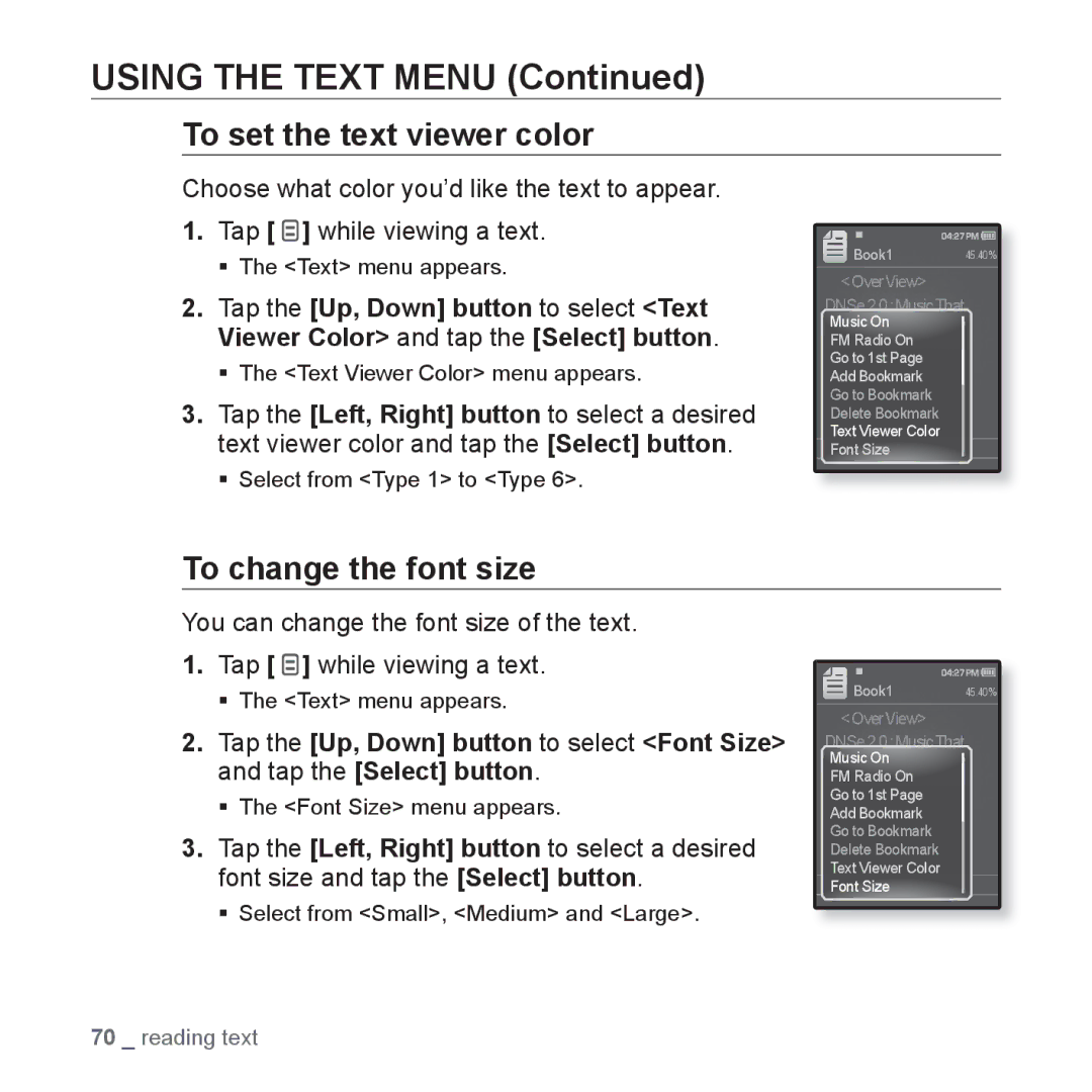 Samsung YP-Q1CB/XSV, YP-Q1AW/XSV, YP-Q1AB/XSV, YP-Q1CS/XSV, YP-Q1AS/XSV To set the text viewer color, To change the font size 