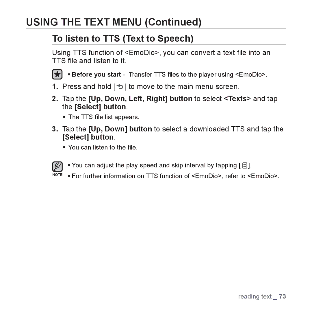 Samsung YP-Q1CS/XSV, YP-Q1CB/XSV manual To listen to TTS Text to Speech, Press and hold to move to the main menu screen 