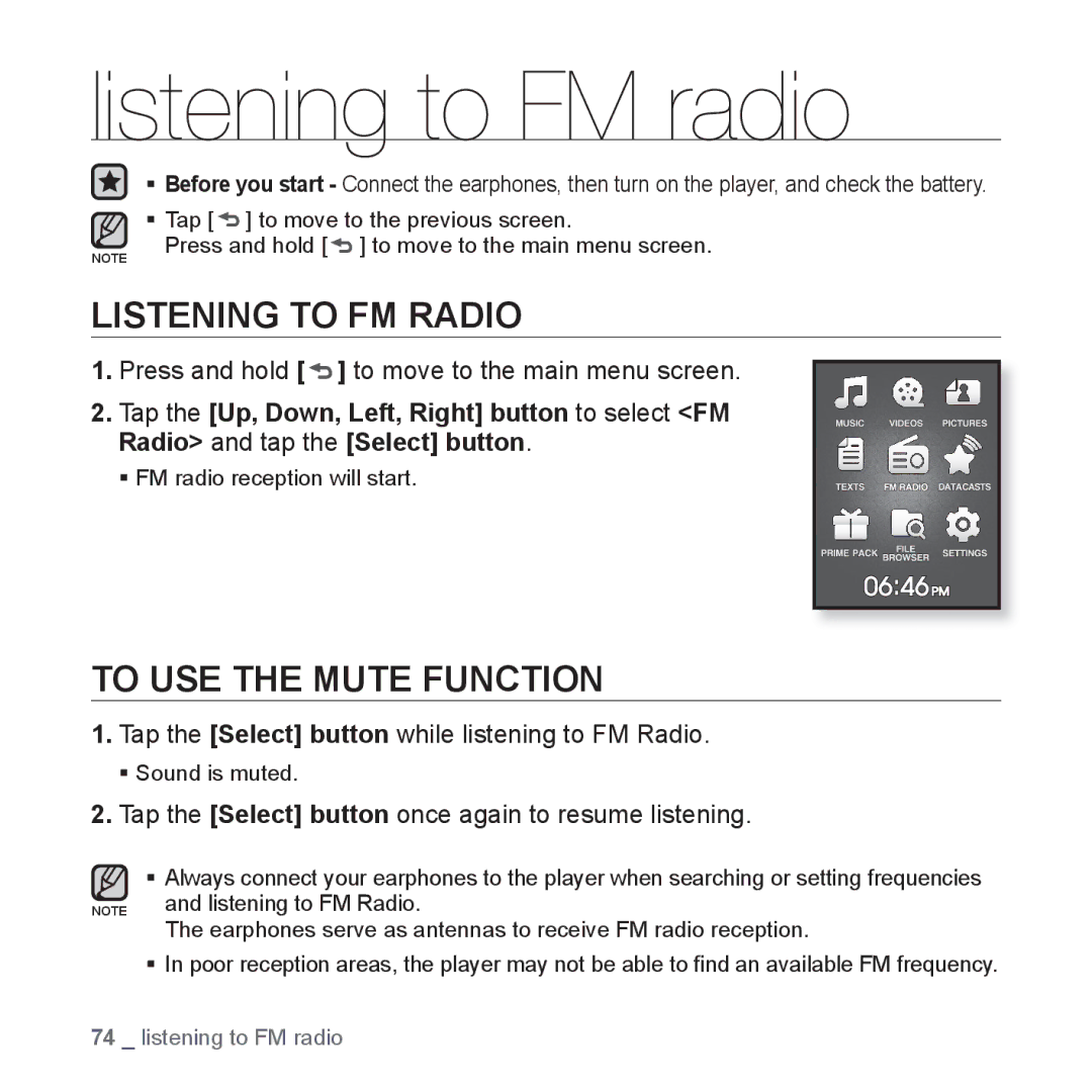 Samsung YP-Q1AS/XSV, YP-Q1CB/XSV, YP-Q1AW/XSV manual Listening to FM radio, Listening to FM Radio, To USE the Mute Function 