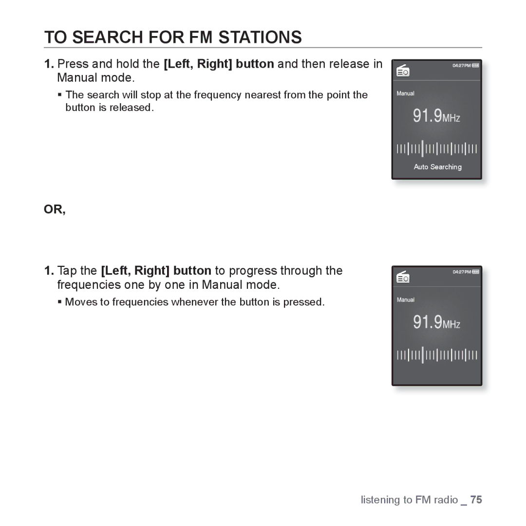 Samsung YP-Q1CB/XSV, YP-Q1AW/XSV, YP-Q1AB/XSV, YP-Q1CS/XSV, YP-Q1AS/XSV manual To Search for FM Stations 