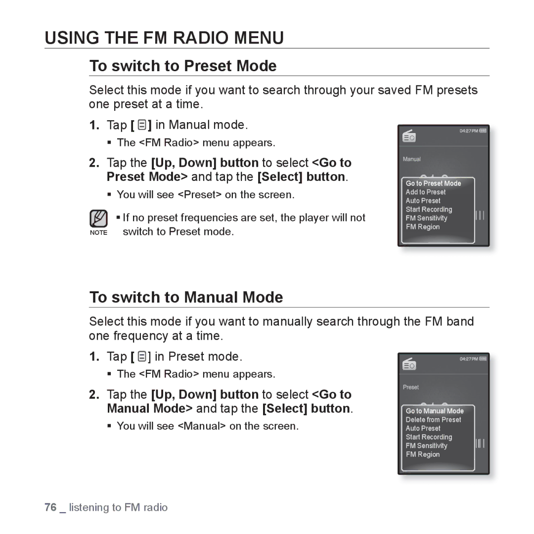 Samsung YP-Q1AW/XSV, YP-Q1CB/XSV, YP-Q1AB/XSV Using the FM Radio Menu, To switch to Preset Mode, To switch to Manual Mode 