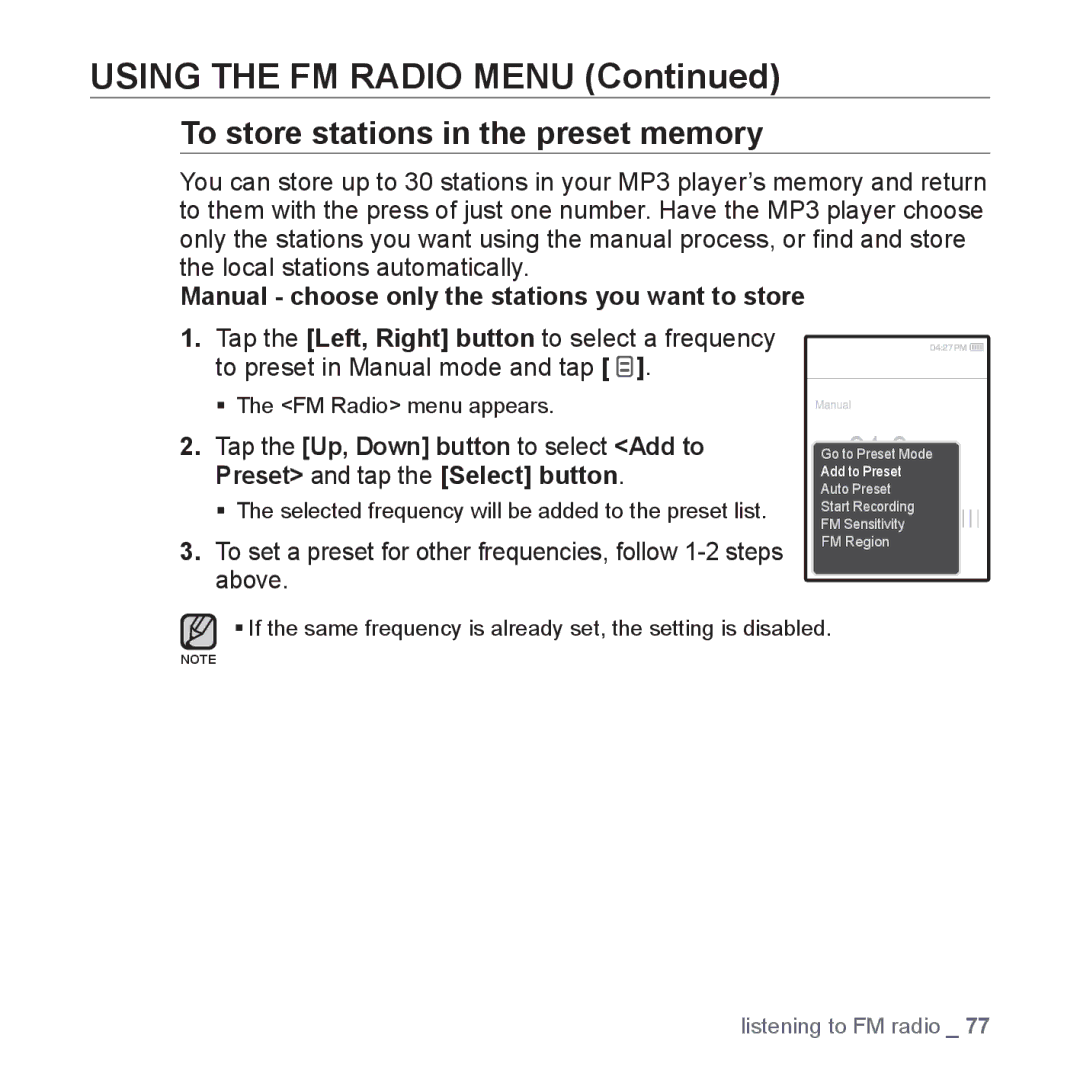 Samsung YP-Q1AB/XSV, YP-Q1CB/XSV, YP-Q1AW/XSV, YP-Q1CS/XSV Using the FM Radio Menu, To store stations in the preset memory 