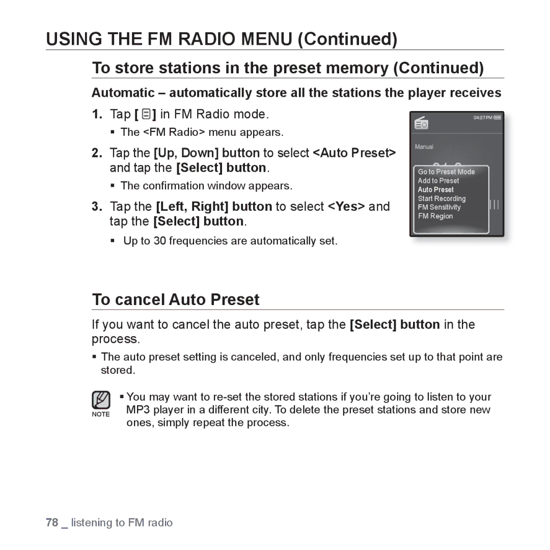 Samsung YP-Q1CS/XSV, YP-Q1CB/XSV, YP-Q1AW/XSV, YP-Q1AB/XSV, YP-Q1AS/XSV manual To cancel Auto Preset, Tap in FM Radio mode 