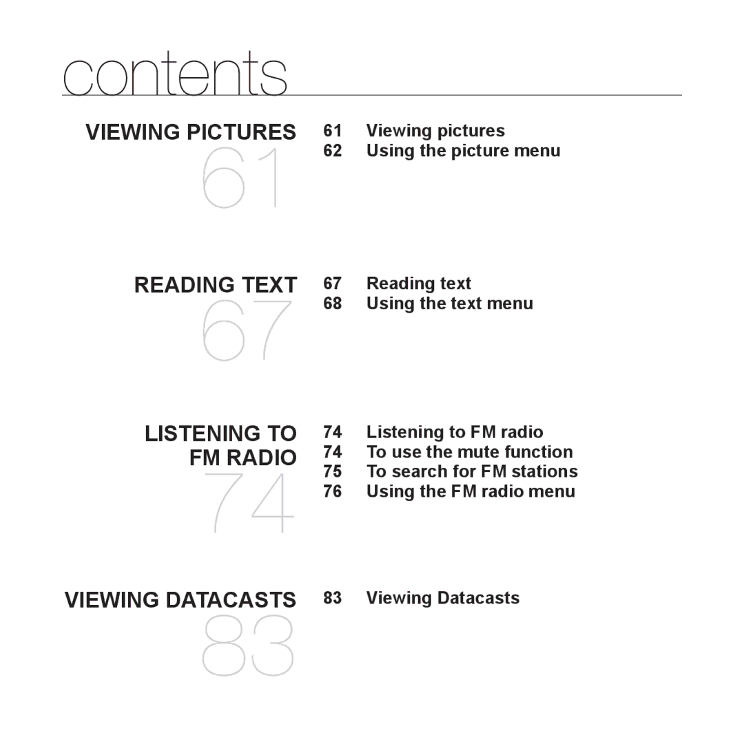 Samsung YP-Q1CS/XSV, YP-Q1CB/XSV, YP-Q1AW/XSV, YP-Q1AB/XSV, YP-Q1AS/XSV manual Contents 