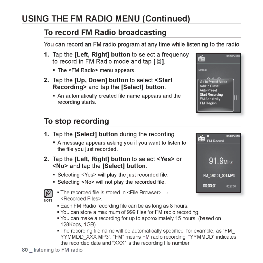 Samsung YP-Q1CB/XSV manual To record FM Radio broadcasting, To stop recording, Tap the Select button during the recording 