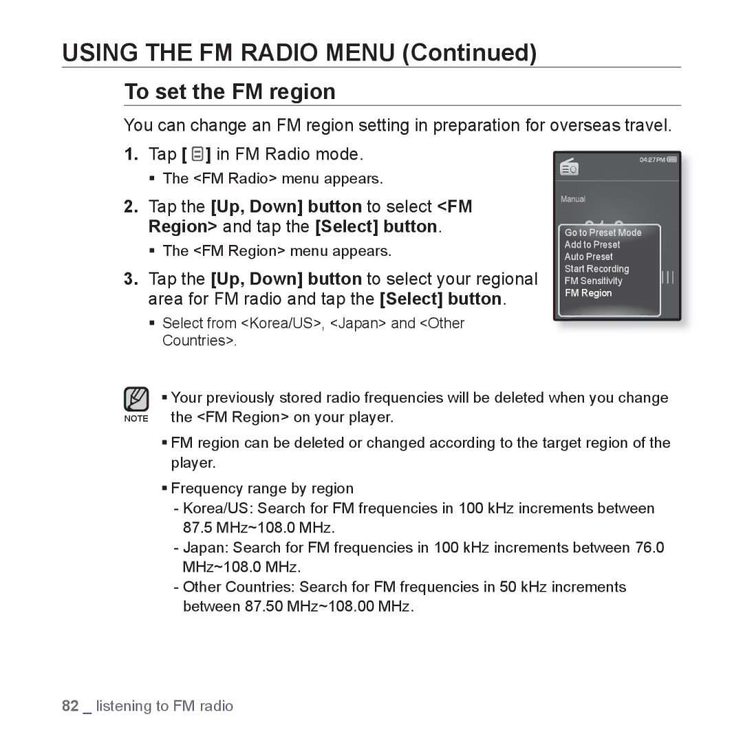 Samsung YP-Q1AB/XSV, YP-Q1CB/XSV, YP-Q1AW/XSV, YP-Q1CS/XSV, YP-Q1AS/XSV manual To set the FM region 