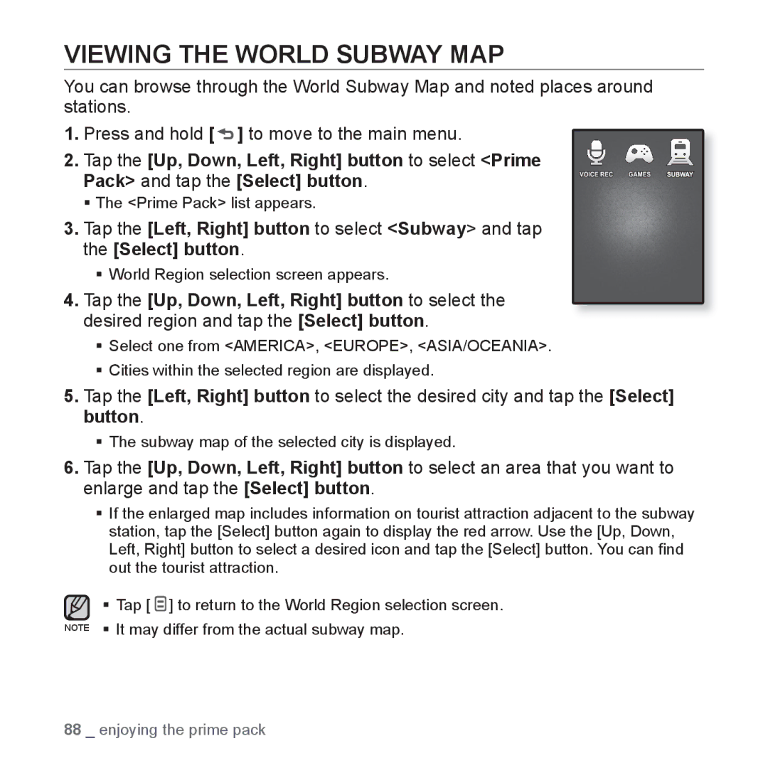 Samsung YP-Q1CS/XSV, YP-Q1CB/XSV, YP-Q1AW/XSV, YP-Q1AB/XSV, YP-Q1AS/XSV manual Viewing the World Subway MAP 