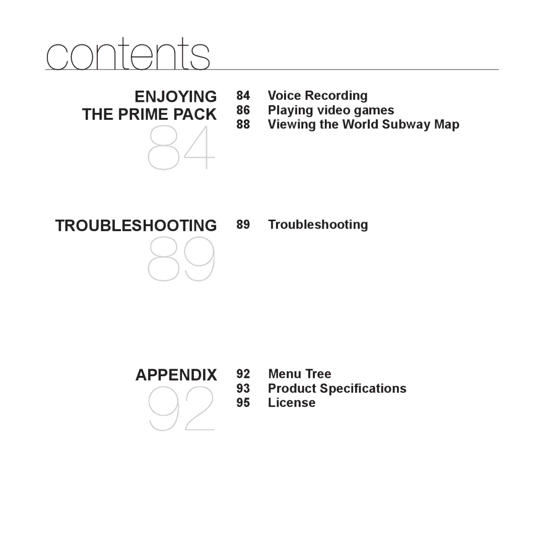 Samsung YP-Q1AS/XSV, YP-Q1CB/XSV, YP-Q1AW/XSV, YP-Q1AB/XSV, YP-Q1CS/XSV manual Enjoying the Prime Pack Troubleshooting Appendix 