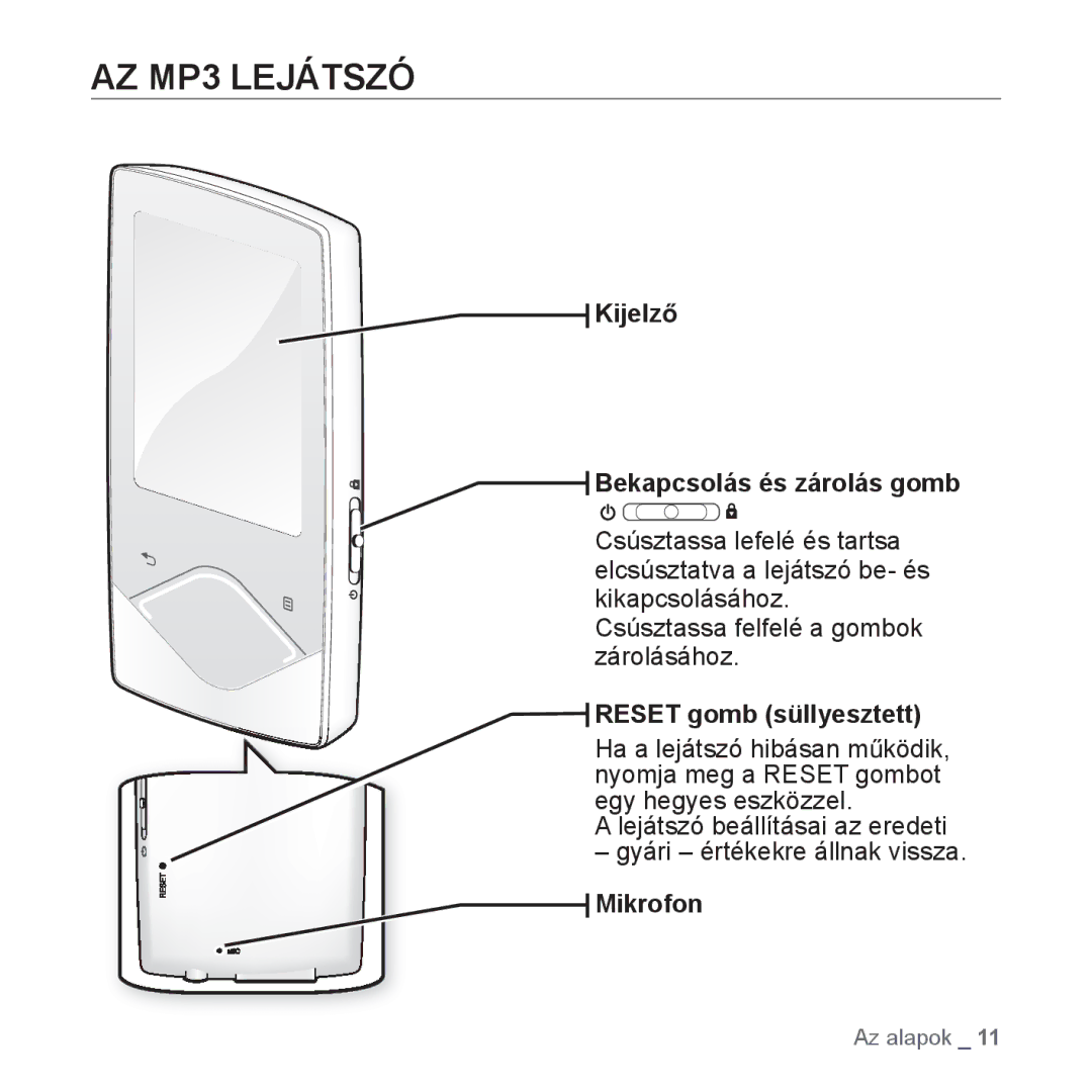 Samsung YP-Q1JAW/EDC, YP-Q1JCS/EDC AZ MP3 Lejátszó, KijelzĘ Bekapcsolás és zárolás gomb, Reset gomb süllyesztett, Mikrofon 